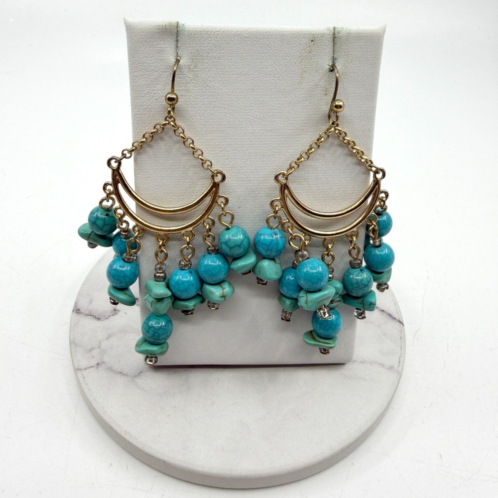 Boho Statement Gold Tone Crescent Drop Earrings Blue Beaded Tribal Festival Gift